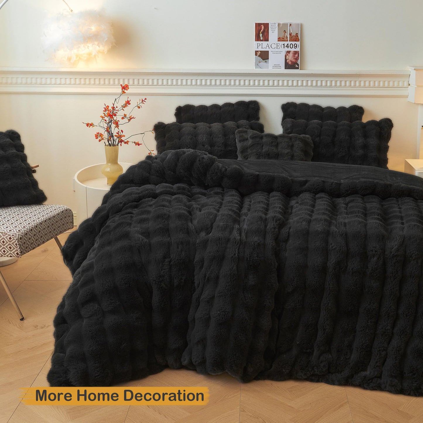 LIFEREVO 2 Pack Fluffy Faux Rabbit Fur Pillow Cases, Luxury Soft Plush Shaggy Bubble Pillowcases Standard Size with Zipper Closure, Furry Fuzzy Long Pillow Shams for Bedroom Living Room 20x26, Black