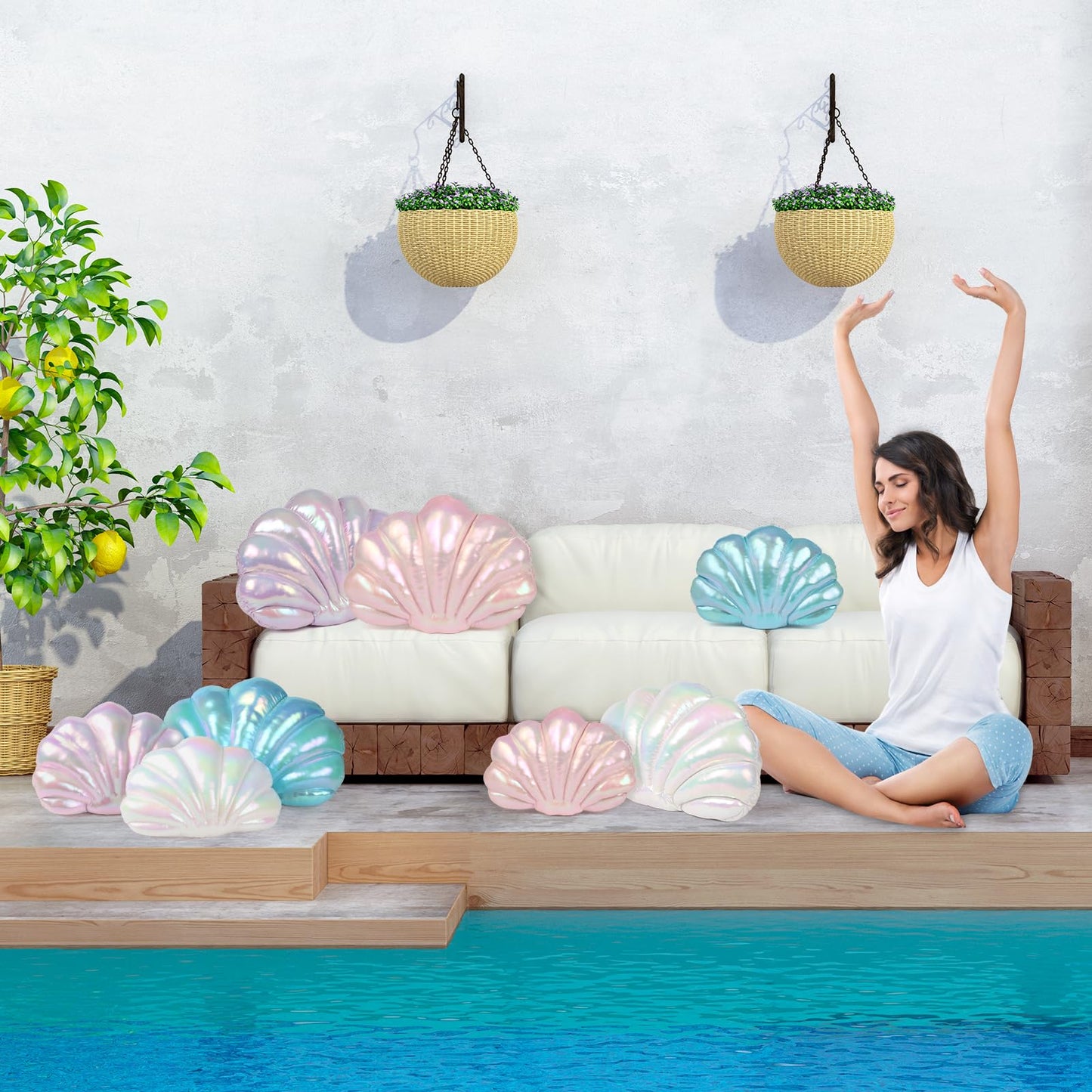 Marble Empire Seashell Pillow - Holographic Iridescent Foil Fabric Throw Pillow for Couch, Coastal Beach Theme Decor, Ocean Themed Bedroom Living Room Accent Pillow(Pink,14×11'')