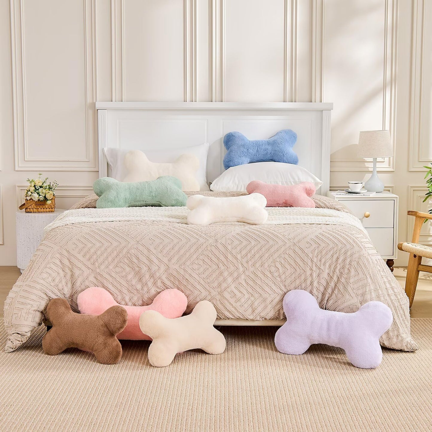XVTRU Bone Pillow Cute Decorative Throw Pillow Bone Shaped Pillows for Aesthetic Home Decorative Cushion Pet Plush Pillow for Bed Sofa Couch (Ivory, 15 Inch)