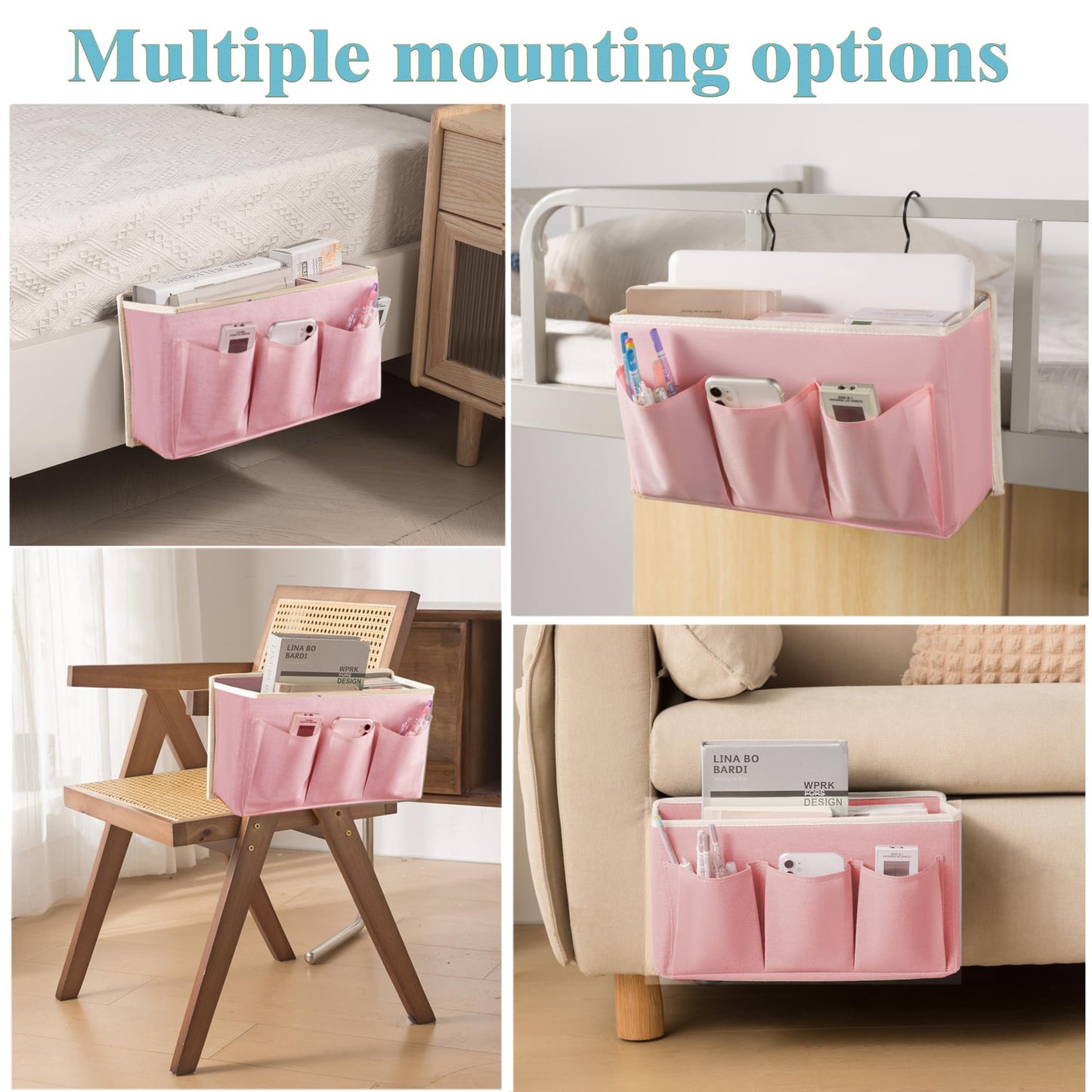 Bedside Caddy/Bedside Storage Organizer Hanging Bag with Three Options,Suitable for home beds, sofas, and dormitory beds—can hold magazines, books, phones, iPads, remote controls. (Pink)