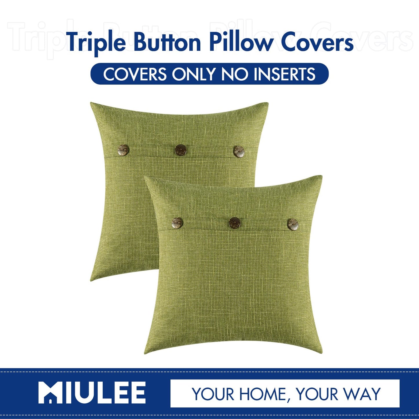 MIULEE Set of 2 Linen Throw Pillow Covers Cushion Case Triple Button Vintage Farmhouse Spring Pillowcase for Couch Sofa Bed 20 x 20 Inch 50 x 50 cm Green