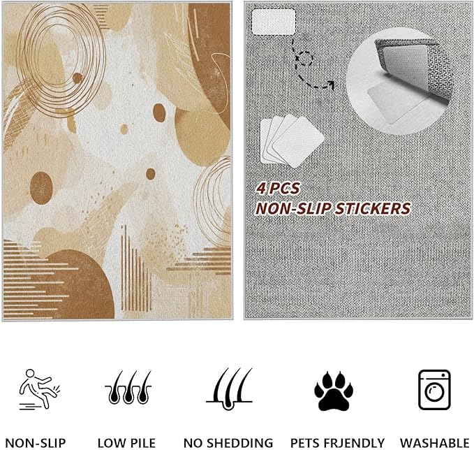Minimalist Abstract Area Rug 5x6 Beige Boho, Modern Washable Geometric Art Carpet, Soft Non-Slip Low-Pile Carpet for Living Room, Bedroom, Kitchen, Dining Room, Pet Friendly, Non-Shedding, Brown