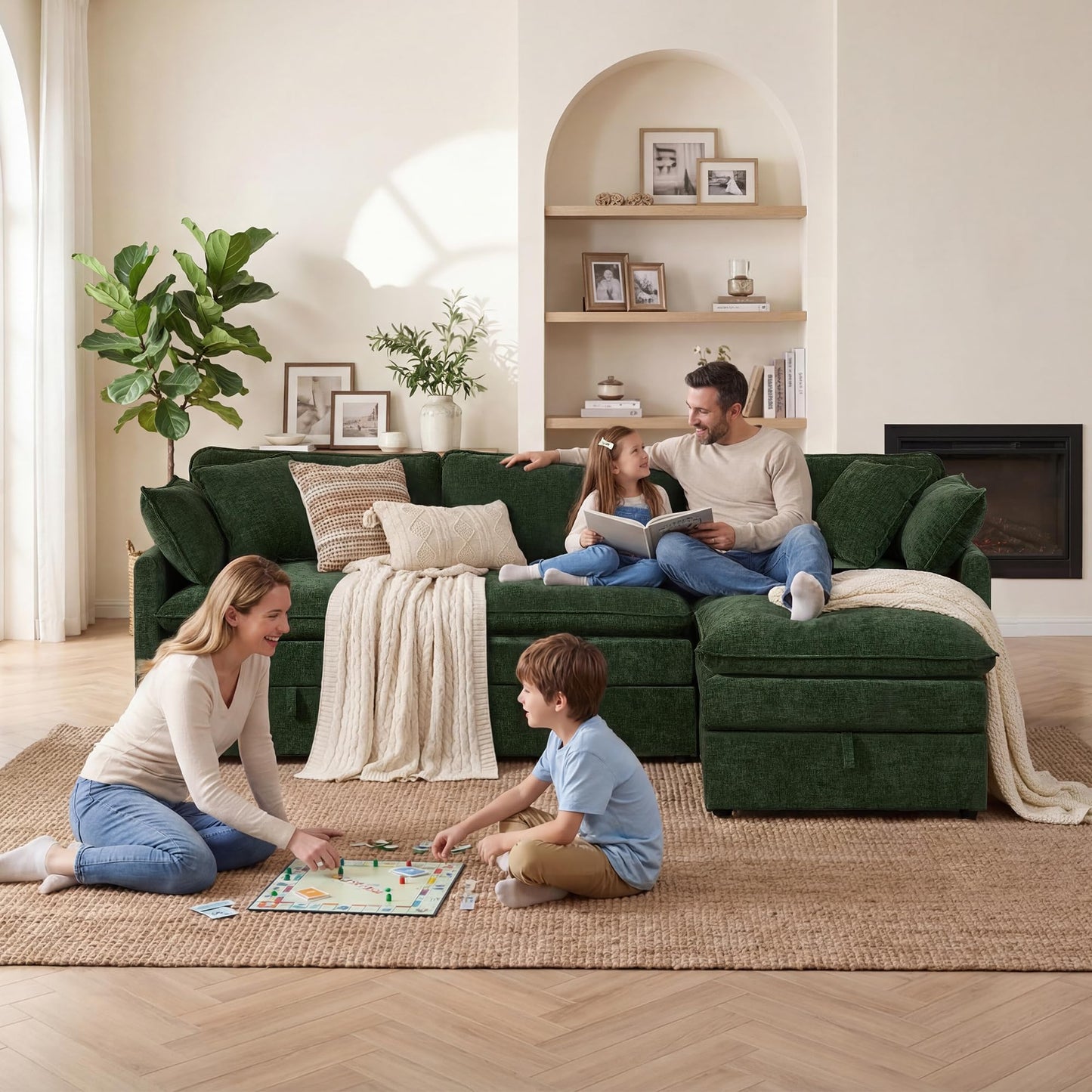 WorthFurni Modular Sectional Sofa with Storage Ottomans,102" L-Shaped Cloud Couch,Comfy Modern Couches with Pillows & Upholstered Deep Seat Cushion for Apartment Living Room Bedroom(Green)