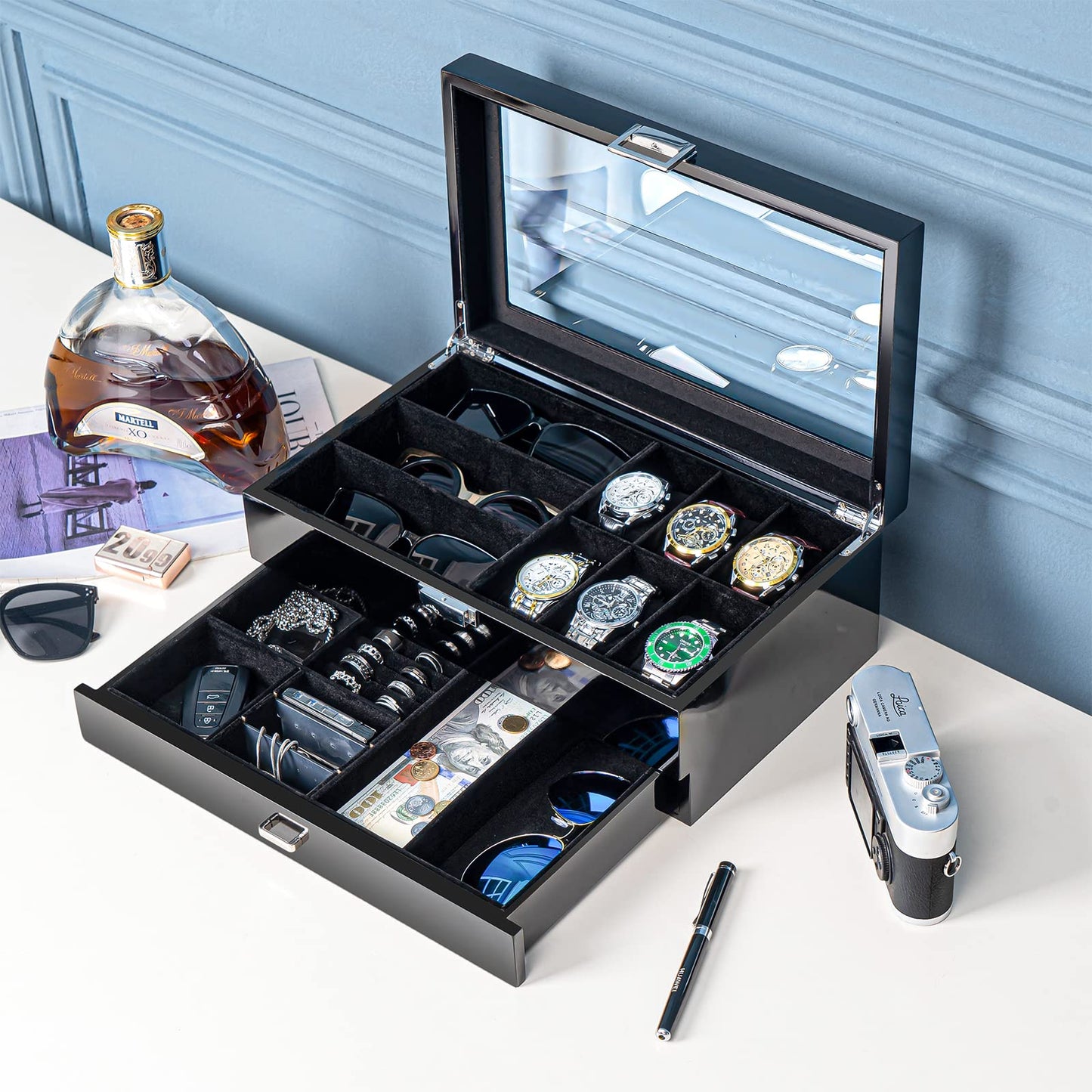 ProCase Lacquered Finish Wooden Men's Jewelry Box, 6 Slots Watch and Sunglasses Box Organizer for Men, Fathers Day Gift, 2-Tier Watch Holder Display Case with Glass Top and Storage Drawer -Black