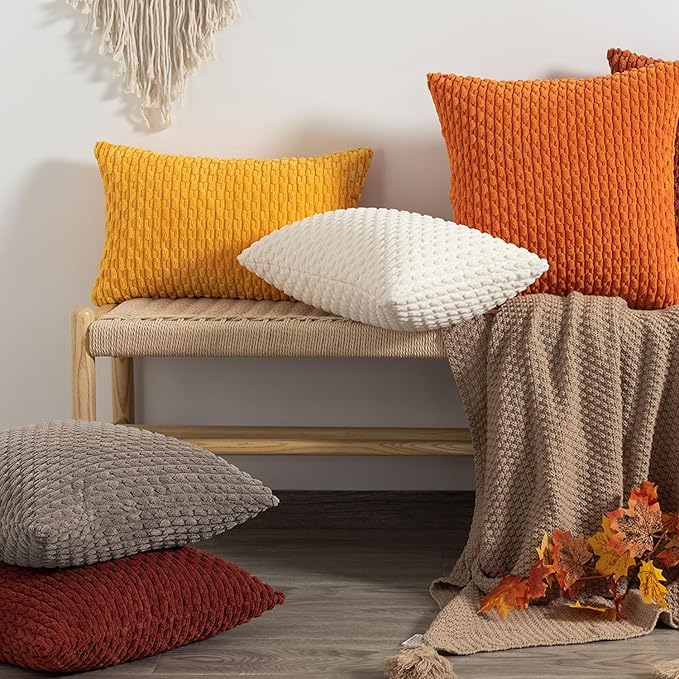 Kevin Textile Throw Pillow Covers Soft Corduroy Decorative Set of 2 Boho Striped Pillow Covers Pillowcases Farmhouse Home Decor for Couch Bed Sofa Living Room 16x16 Inch Light Brown