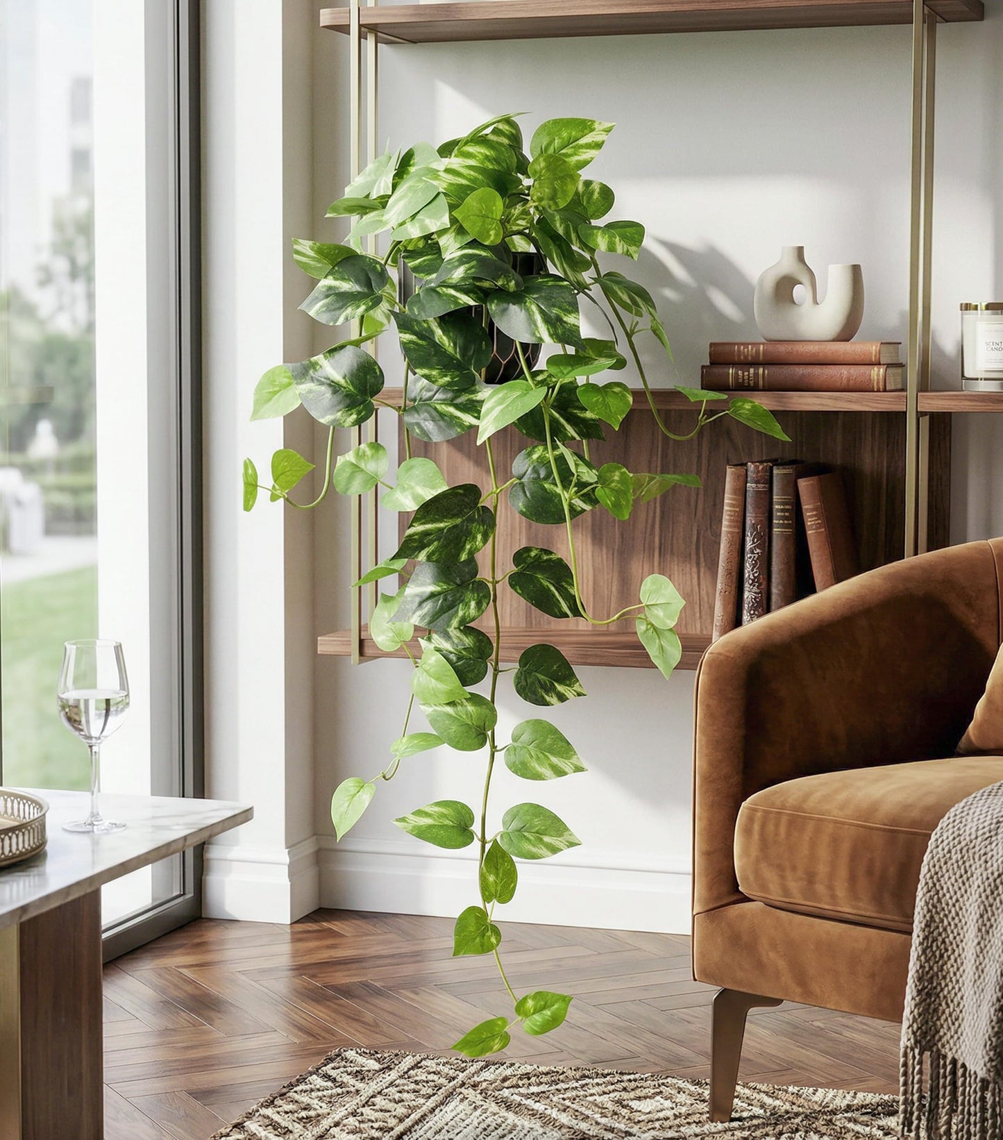 FancyPlus Fake Plants 2 Pcs Faux Pothos Plants Potted Indoor Artificial Hanging Plants Realistic Fake Greenery Table Desk Bathroom Office Bedroom Living Room Shelf Modern Farmhouse Decor Outdoor