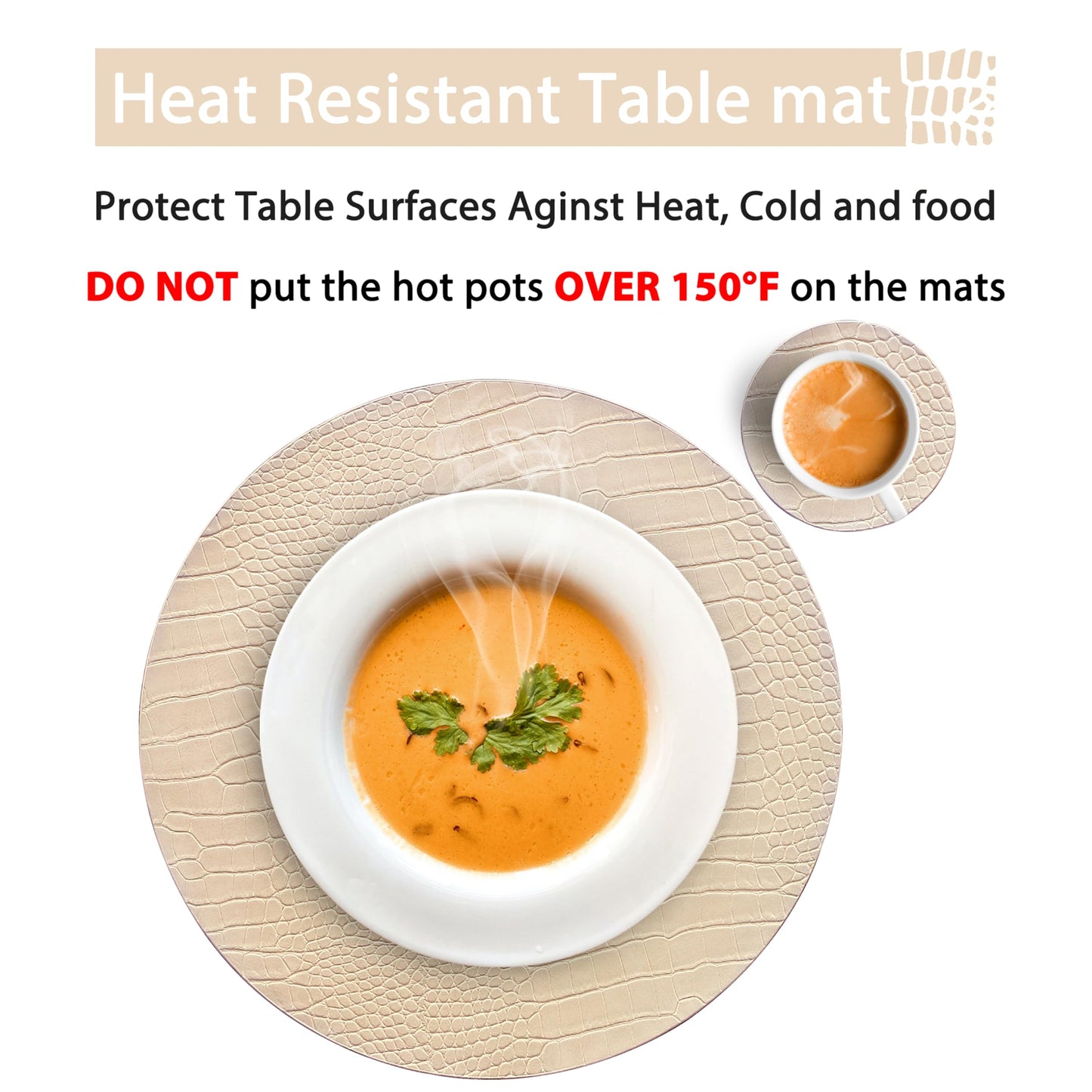 Jovono Round Leather Placemats for Round Tables Set of 8, Beige Place Mats and Coasters, Wipeable Waterproof Heat Resistant Table Mats Easy to Care for Indoor Decor 14 inch Diameter