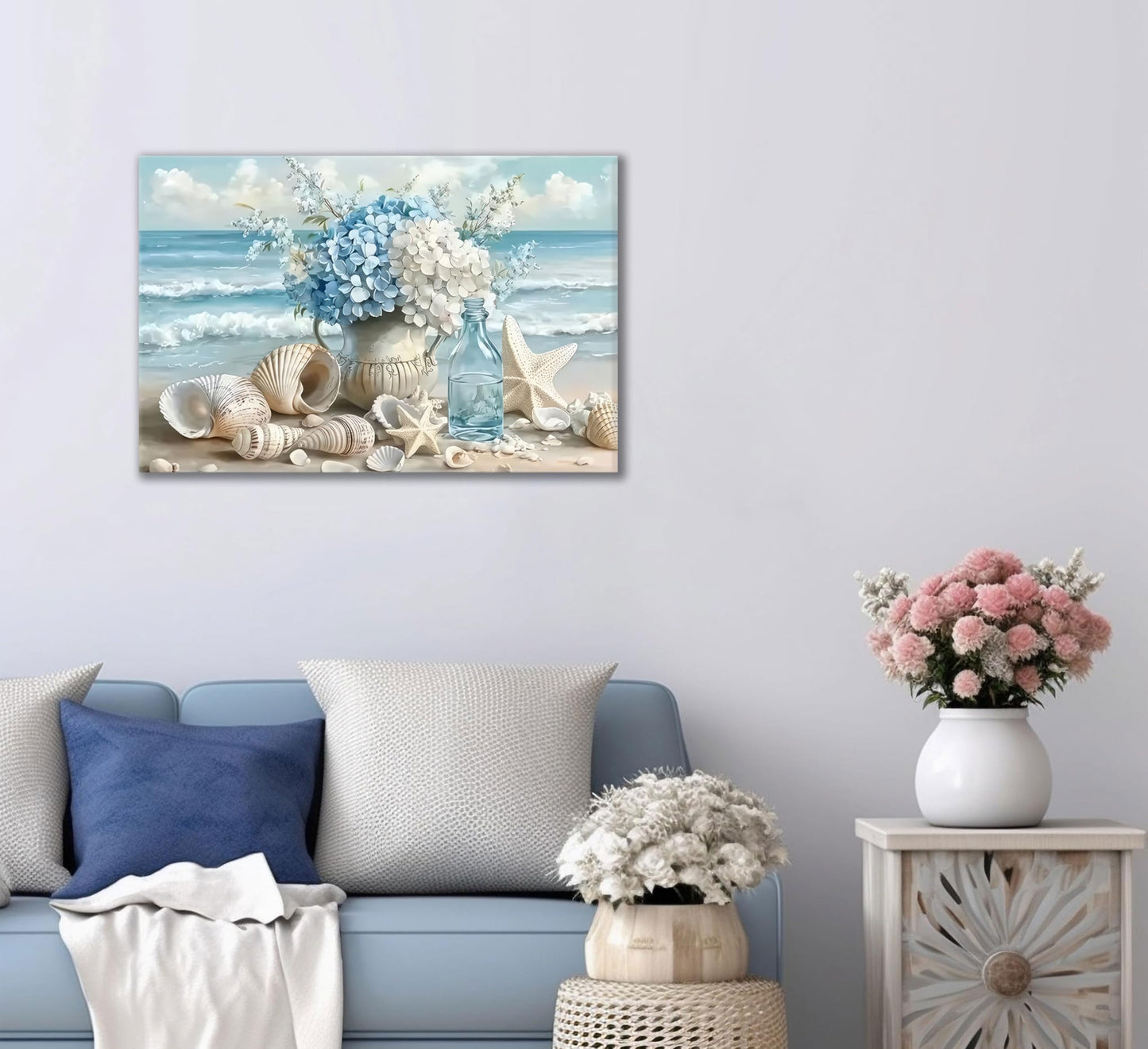 Blue Ocean Beach Wall Art Coastal Bathroom Poster Print Sea Vase Canvas Wall Decor Seaside Seashell Painting Picture for Bathroom Bedroom Living Room Kitchen Office Framed