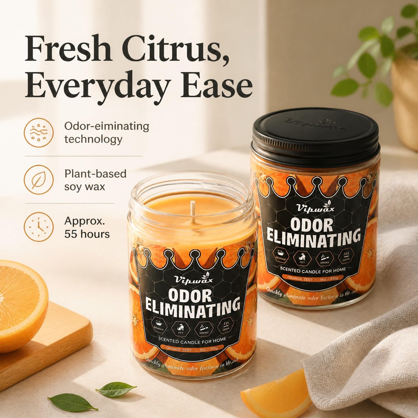 VIPwax Orange Odor Eliminating Candles for Home Scented, Eliminates 99% of Pet, Smoke, Food and Other Smells Quickly, Highly Fragranced Candle, Premium Soy Candles Set for Women