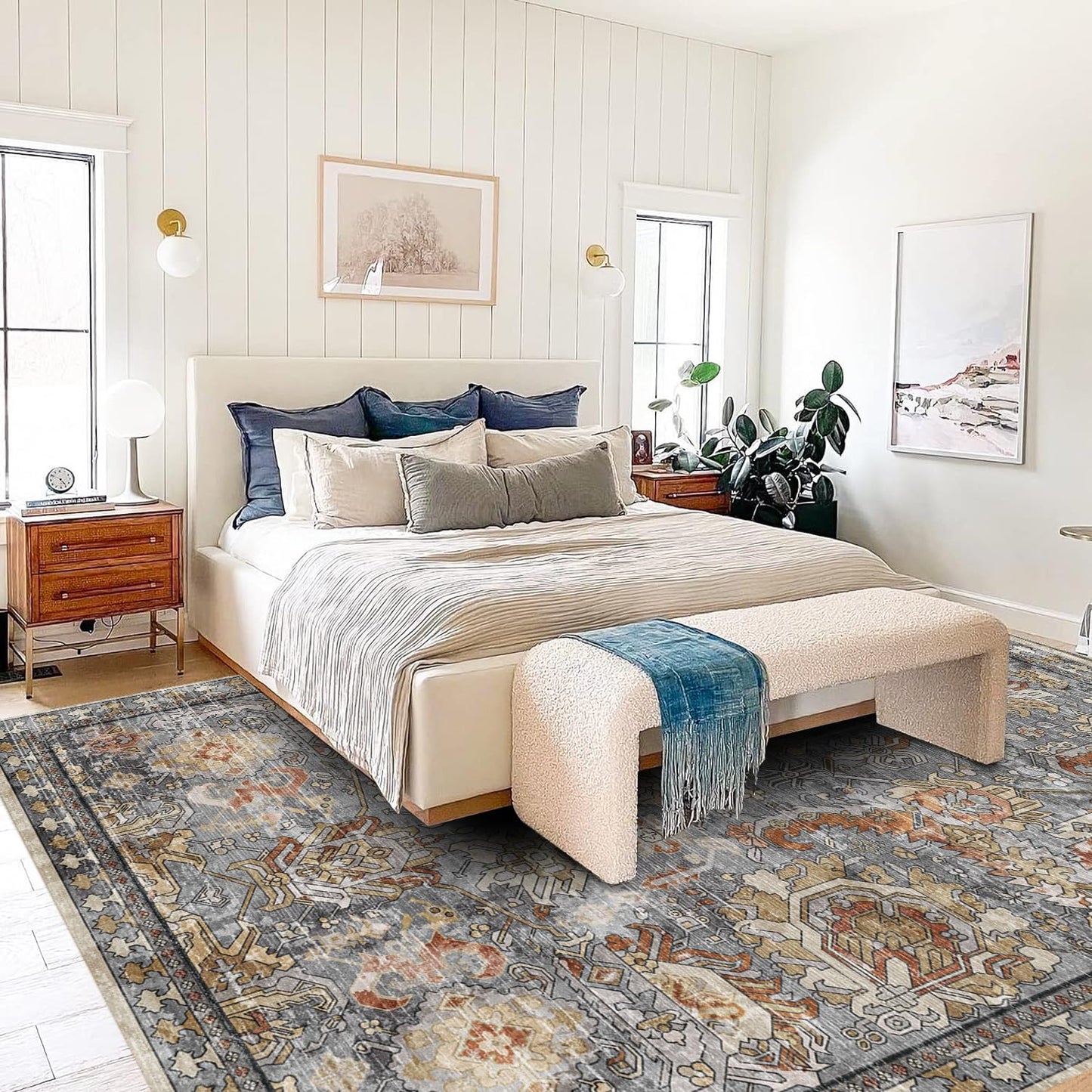 RUGSURE Washable Area Rugs - Perfect for Living Room, Bedroom, Kids Room, Nursery - Stain & Water Resistant Non-Slip, Pet & Child Friendly, Vintage Tribal Area Rugs (Turmeric and Grey, 4' x 6')