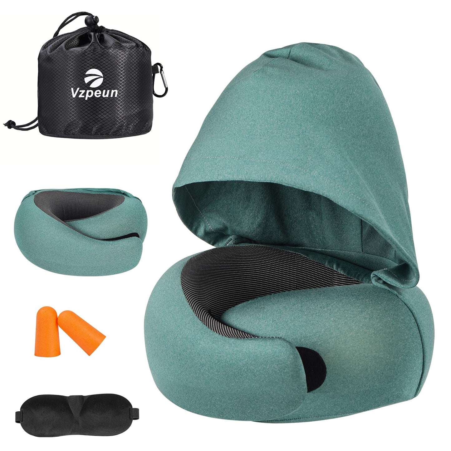 Vzpeun Travel Pillow - Hooded Neck Pillow Airplane Memory Foam Filling for Plane, Office, Cars Sleeping, Road Trip, Long Flights, Airplane Travel Essentials, Includes Eye Mask & Earplugs (Green)