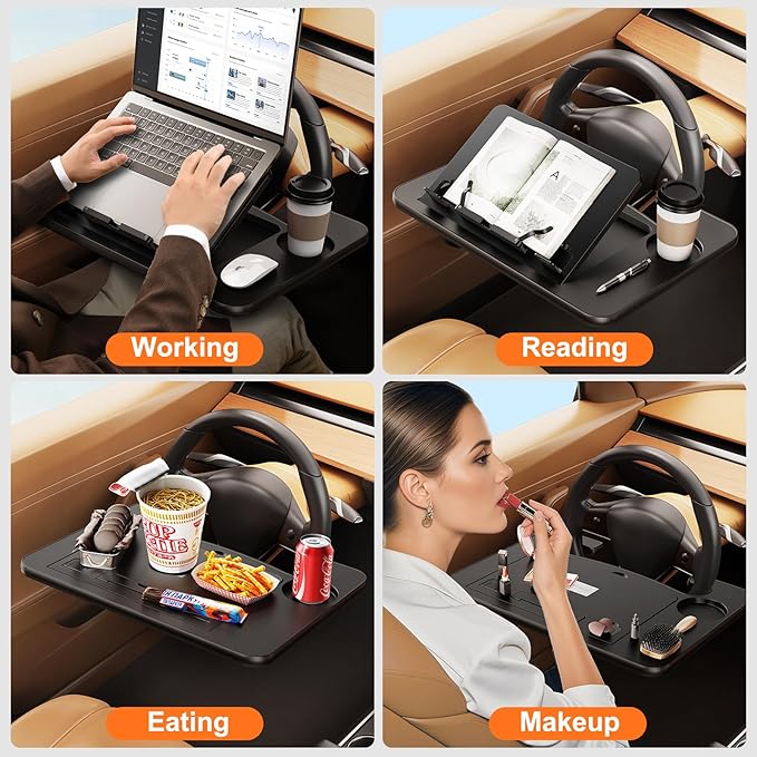 Fumcsy Angle Adjustable Car Steering Wheel Desk,3 in 1 Car Steering Wheel Tray,Car Laptop Mount | Car Reading Stand | Car Food Tray with Drinks Holder, Multipurpose Travel Car Accessories