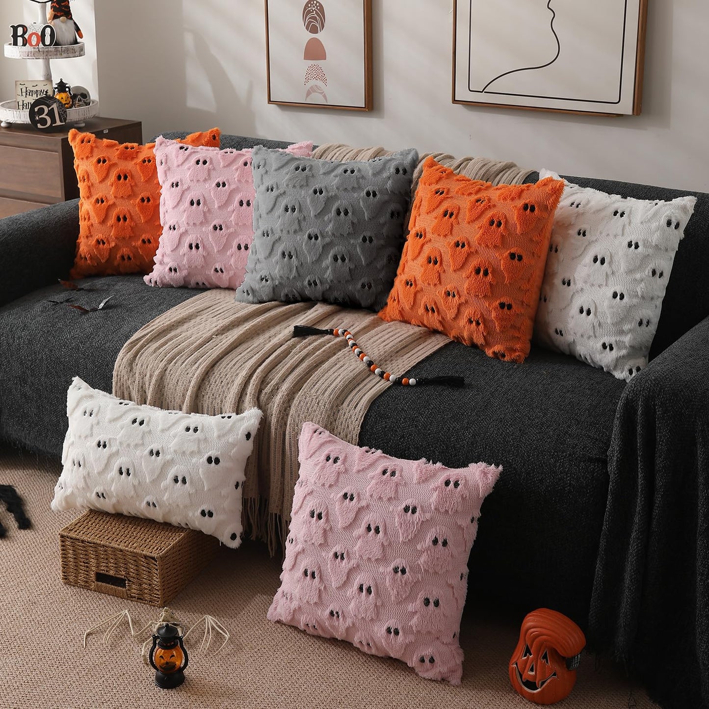 DFXSZ Halloween Pillow Covers 20x20 inch Set of 2 Silver Gray Ghost Throw Pillow Cases Soft Plush Faux Fur Wool Couch Cushion Case for Chair Sofa Bedroom Living Room Home Decor PTK03X20