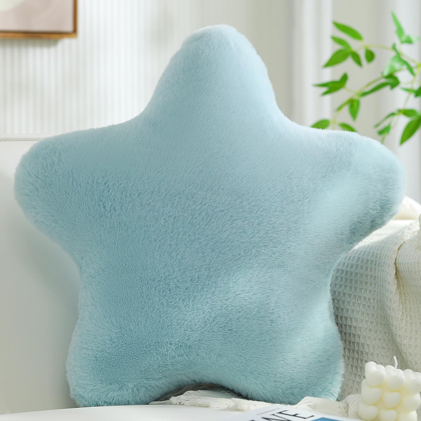 YRXRUS Star Pillows, Light Blue Star Shaped Pillow, Decorative Throw Pillow Gifts, Cute Plush Room Decor, Fluffy Faux Rabbit Fur 14"x14"Pillows for Living Bedroom