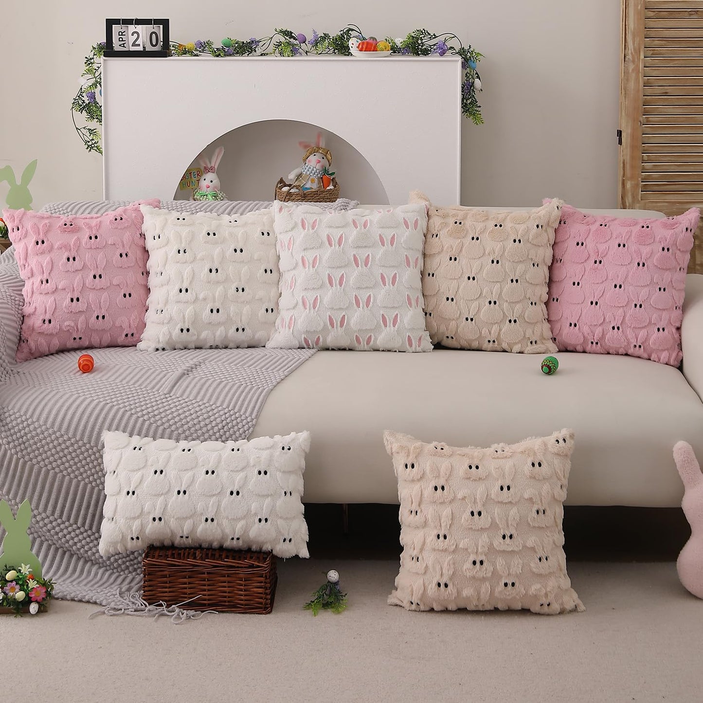 DFXSZ Easter Pillow Covers 16x16 inch Set of 2 Easter Decorations Pink Ears White Rabbit Soft Plush Faux Fur Jacquard Throw Pillows for Bedroom Sofa Holiday Festivals Home Decor FHJ-07D16