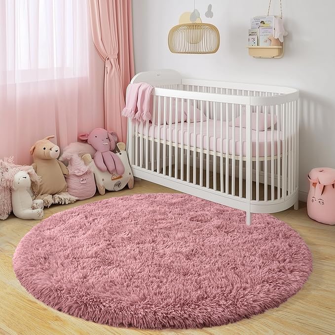 Round Fluffy Rugs 4Ft for Girls Bedroom, Blush Pink Shag Circle Kids Rug Non-Slip for Bedside Dorm Nursery Playroom, Soft Cute Area Rugs for Living Room Decor