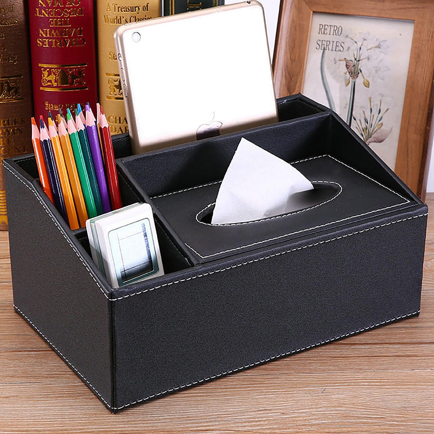 Tissue Box Cover- PU Leather Tissue Box Holder-Multifunctional Tissue Box Organizer Cover Hold with Storage Fashion for Vanity Toilet Countertop Office Bathroom Kleenex Box Cover-Black