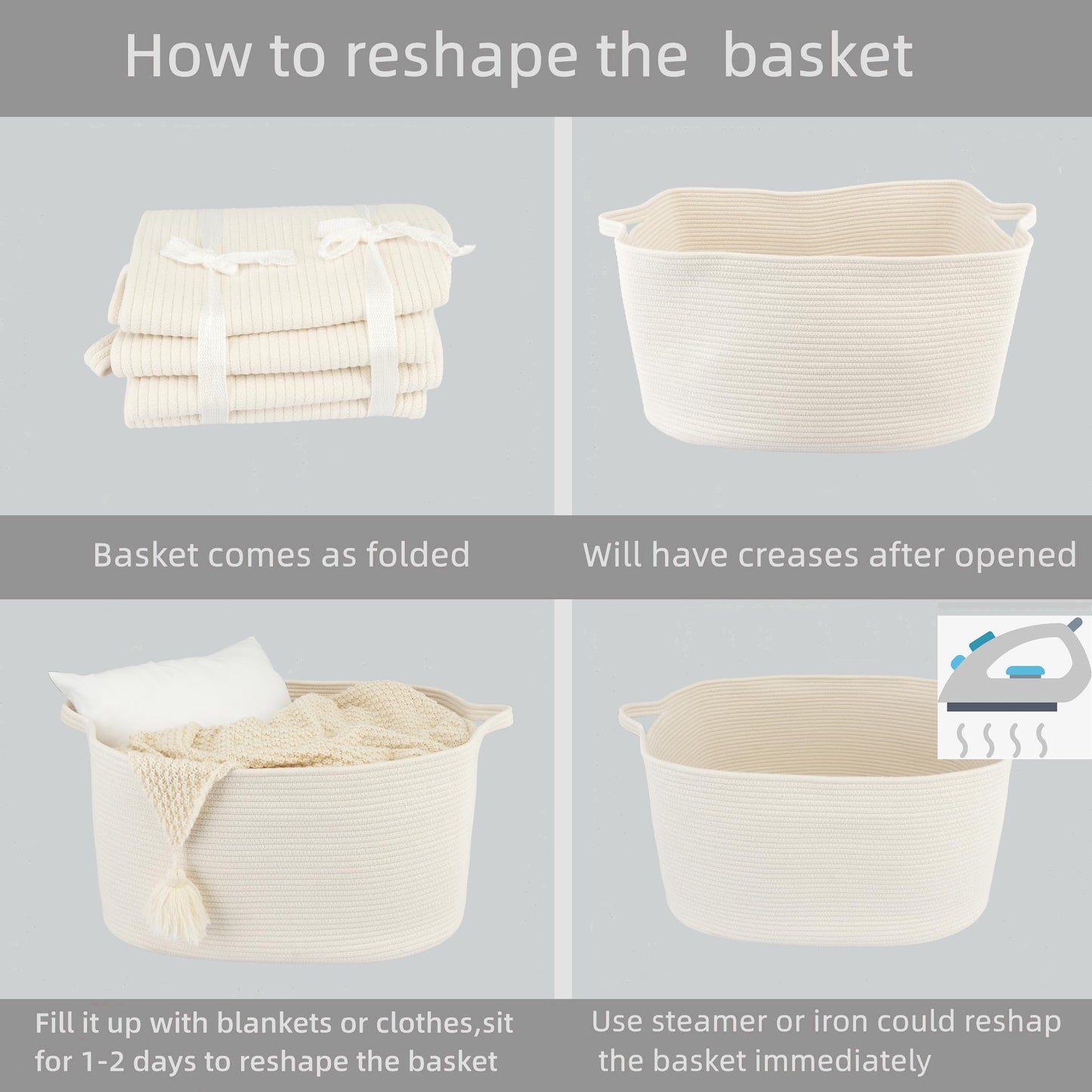 XUANGUO Large Rectangle Blankets Basket Living Room 22"x17"x12" Woven Cotton Rope Storage Baskets for Nursery Toy Baskets for Kids and Dogs Laundry Basket Bin for Clothes Towels white