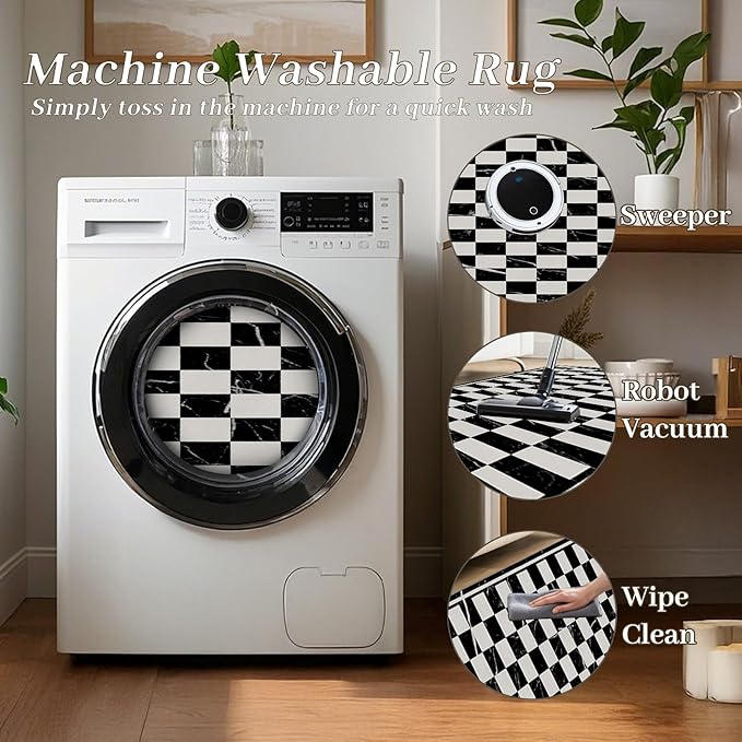 Grey Black Checkered Kitchen Hallway Carpet, 1.3x7ft, Abstract Black Marble Indoor Decor Washable Rugs, Durable Soft Cozy Non Slip Rug, Breathable Non Shedding Mats for Front Porch