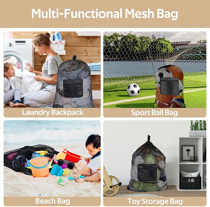 OTraki Mesh Laundry Bag Backpack 24x32 Inch Gym Drawstring Backpack Travel Dirty Clothes Bags with Pocket & Adjustable Shoulder Straps for Laundromat Home College Dorm Apartment (Black)