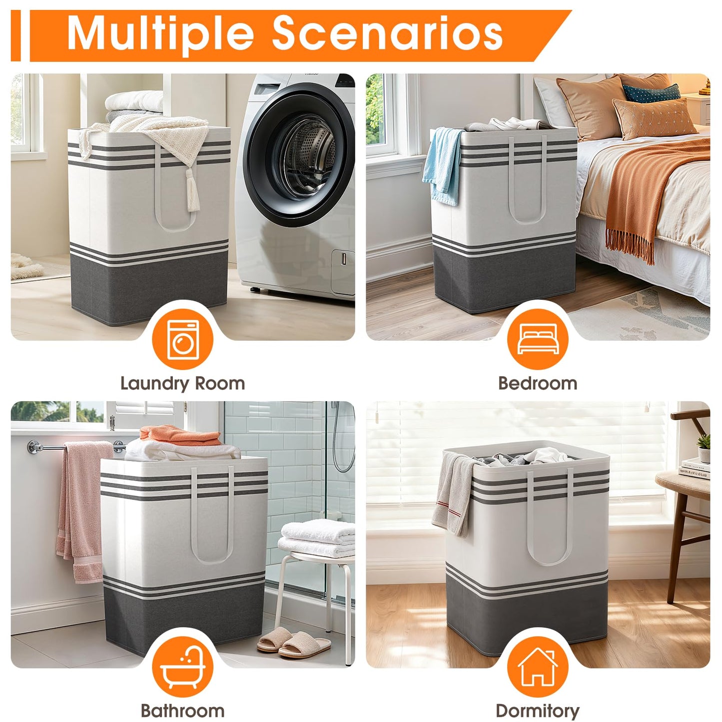 EpicTotes 2 Pack Large Home Laundry Basket, Laundry Hamper, Freestanding Waterproof Dirty Clothes Bag, Tall Clothes Hamper - Extended & Reinforced Handles for College Dorm, Family (Light Grey/125L)