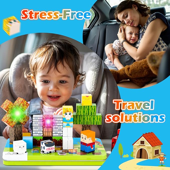 45PCS Magnetic Blocks Travel Toys for Kids with Portable Iron Box, Mini Magnetic Cubes Toys for Airplane & Car Ride STEM Learning Gift Idea for Ages 3+( Farm Theme)