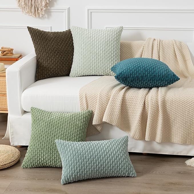 Kevin Textile Throw Pillow Covers Soft Corduroy Decorative Set of 2 Boho Striped Pillow Covers Pillowcases Farmhouse Home Decor for Couch Bed Sofa Living Room 26x26 Inch Teal Blue