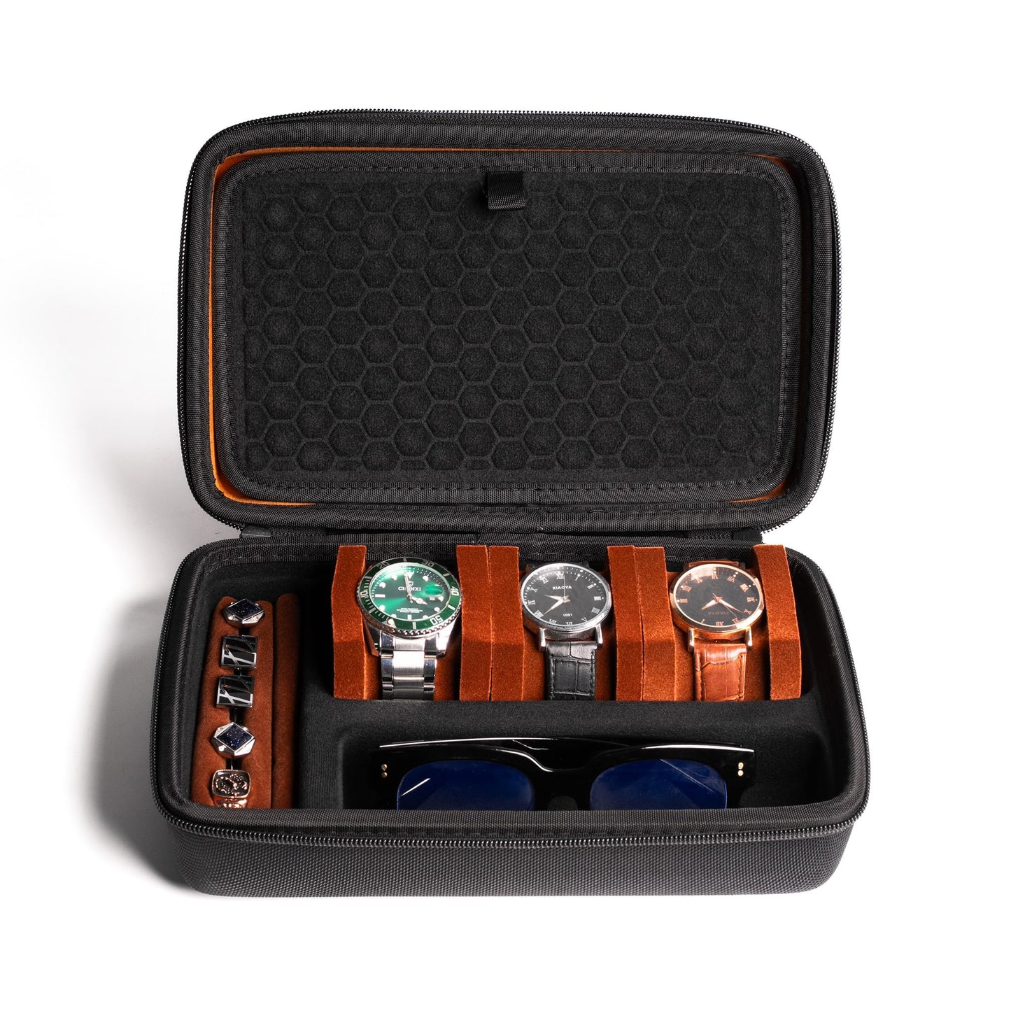 AUKURA 3 slot watch case for travel, 2 layer watch jewelry case organizer with watch band inserts, compartments for glasses,rings