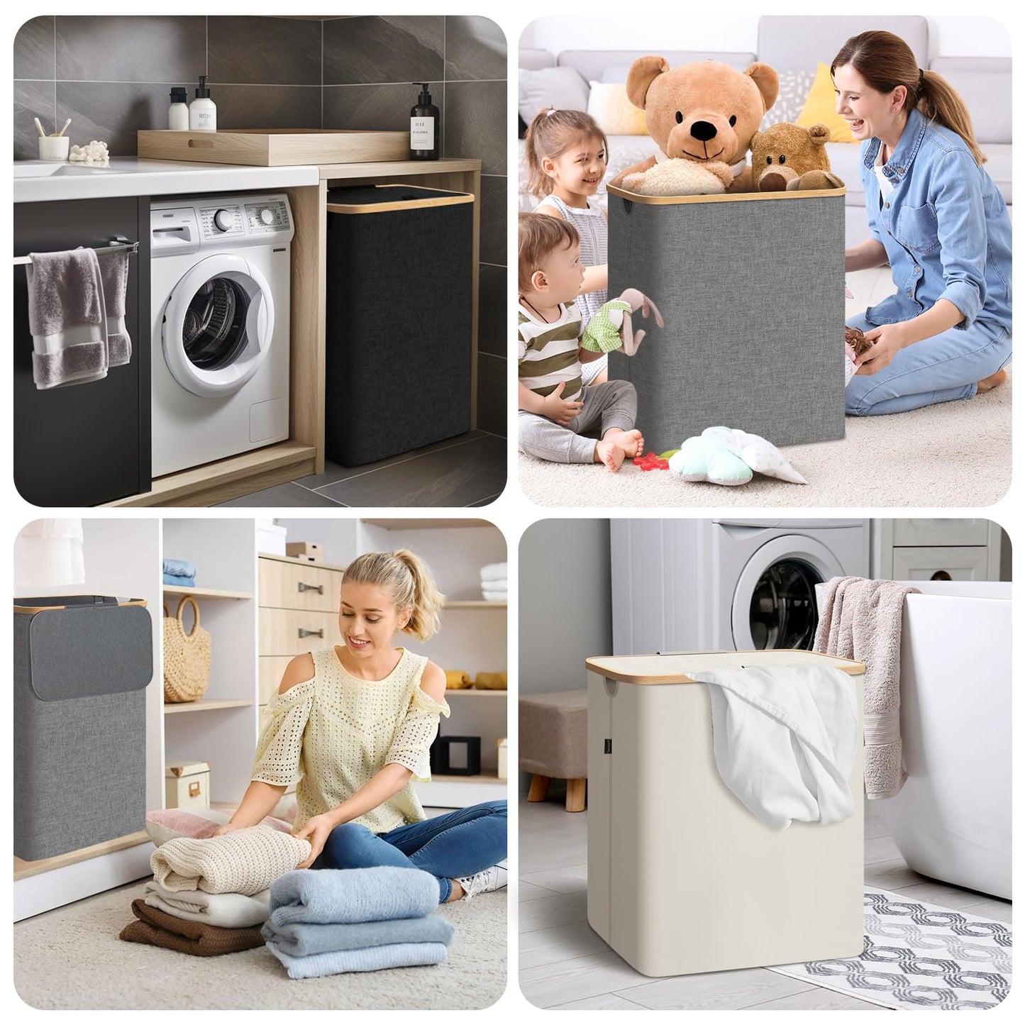 BALEINE Laundry Hamper with Lid, Tall Laundry Baskets with Bamboo Pull Handles, Large Laundry Bin with Internal Support (26 Gal/100L, Grey)