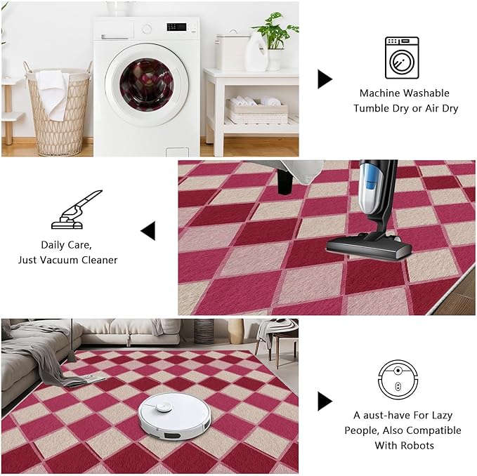 Plaid Rug, Soft Ultra Soft Faux Wool Rhombus Geometric Rugs, Indoor Floor Mats Carpet, Non Slip&Non-Shedding Low Pile Washable Rugs, Modern Red 6x9 Area Rug for Bedroom Home Decor
