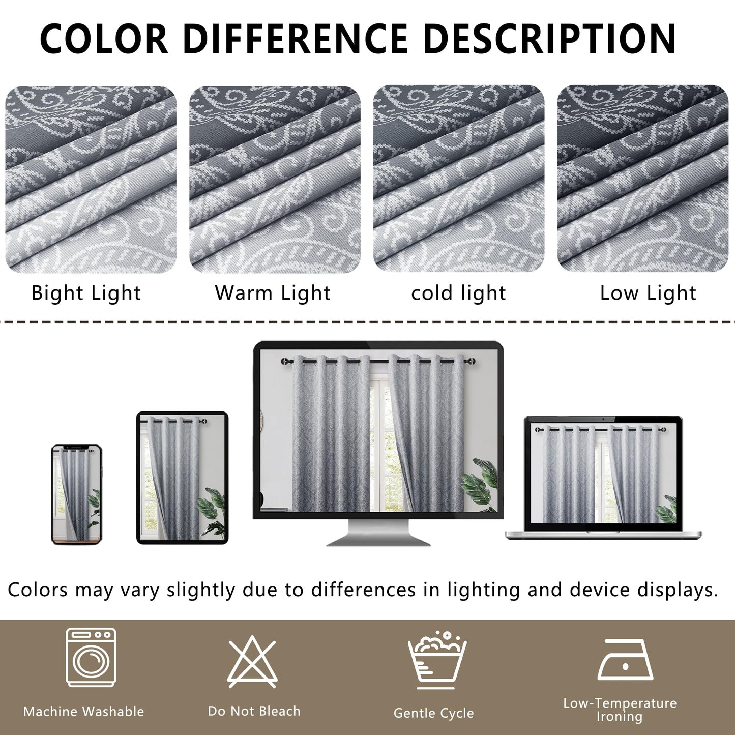 DWCN Grey 100% Blackout Curtains for Bedroom 84 Inch Long - Double Layers Damask Patterned Ombre Thermal Insulated Energy Saving Drapes for Living Room, Gradient Window Curtain 2 Panels, 52 x 84 Inch