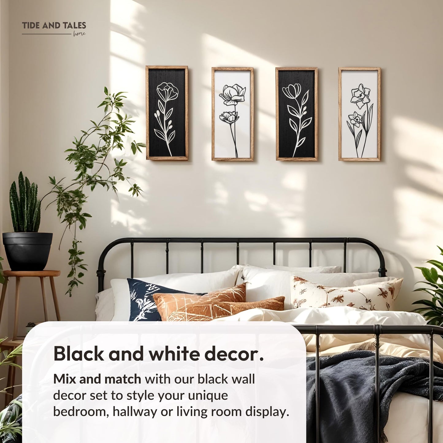 3D Black and White Wall Art (Set of 2) Lightweight, Wooden Ready-to-Hang Framed Floral Wall Art for Bathroom, Bedroom, Living Room or Office – Boho Botanical Farmhouse Decor – Gift-Boxed