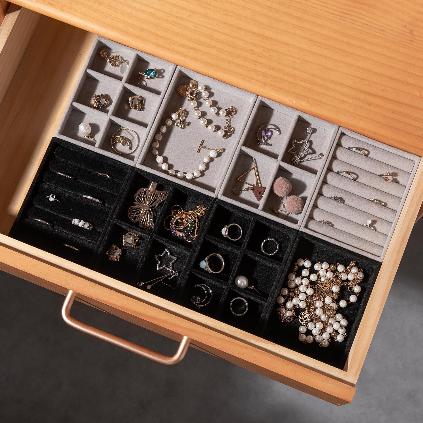 Frebeauty Small Jewelry Tray Set,Stackable Velvet Jewelry Organizer Tray,Mini Jewelry Drawer Organizer,Drawer Inserts,4.92 x 3.74 x 0.9 Inches,Earring Organizer for Women(Set 4,Grey)