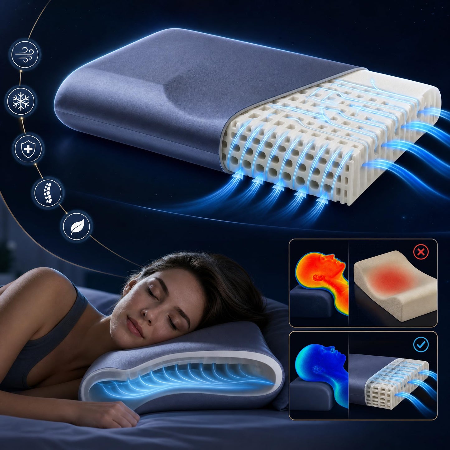 ASRIO Cooling Contour Silicone Pillow for Side Sleepers, 4.72 Inch Height Neck Support Bed Pillow, Breathable Washable High Resilience Core, Medium Firm,Queen Size