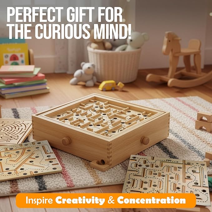 Sterling Games Wooden Labyrinth with 3 Swappable Boards – Classic Maze Game with 60, 36, and 25 Waypoints – Wooden Tilt Puzzle with Knob Control and 3 Steel Marbles for Kids Age 6+
