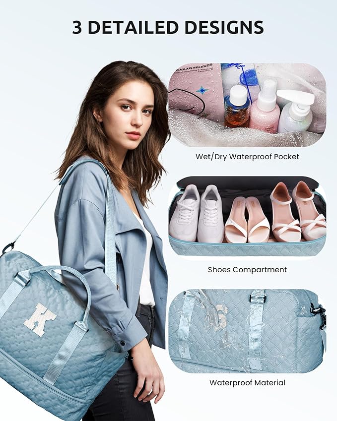 Vogewood Weekender Bags for Women Travel, Personalized Weekender Bag with Shoulder Strap, Monogram Overnight Bag for Women with Trolley Sleeve & Wet Pocket, Letter Travel Bag (Letter J)
