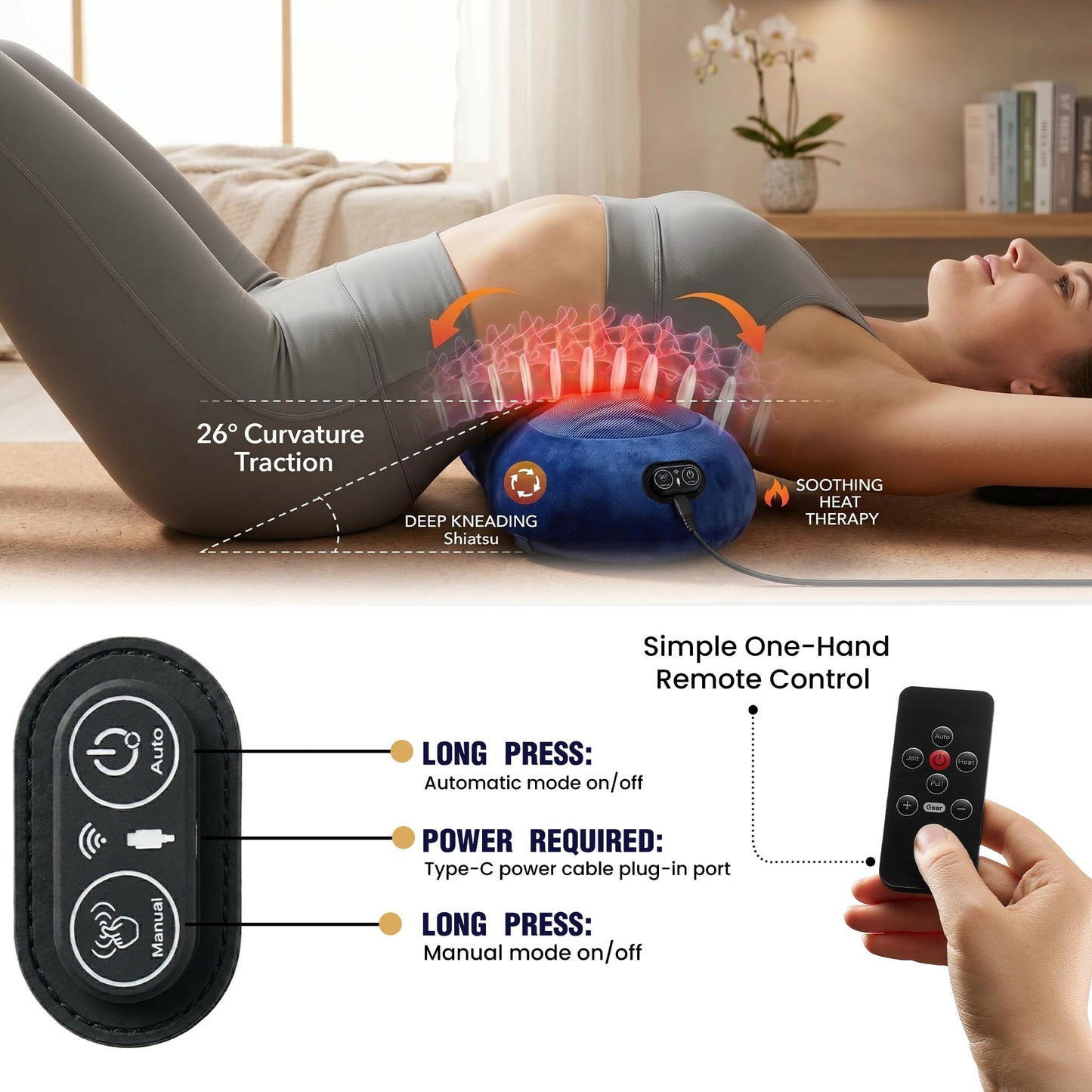 2026 Upgraded 4 in 1 Electric Lumbar Support Massager Pillow with Remote Control, Triple Fusion Back Massager with Stretching Vibration And Heat for Lower Back Pain Relief for Office, Bed, Car, Sofa