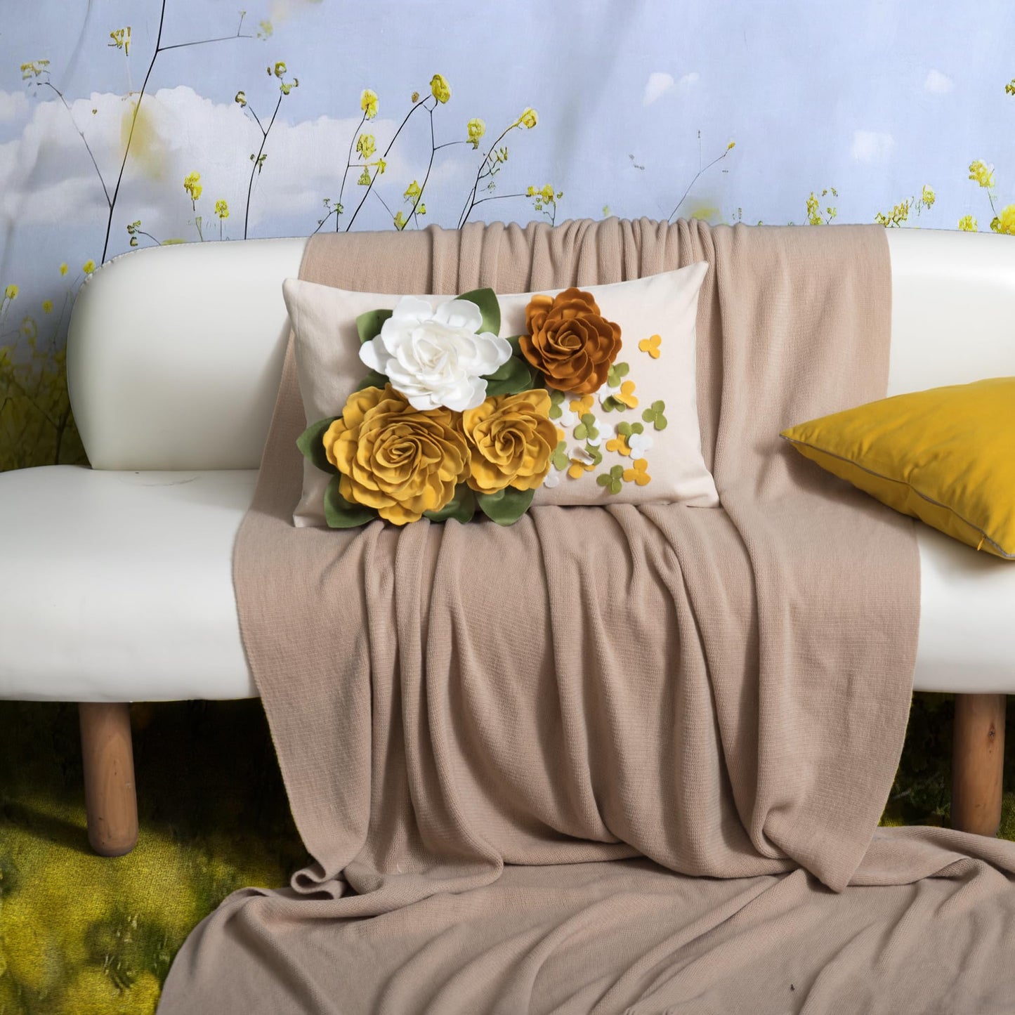 KINGROSE 3D Flower Decorative Throw Pillow Cover Floral Cushion Cover Handmade Pillow Case for Sofa Couch Chair Living Room Bed Home Decor 12 x 20 Inches Yellow