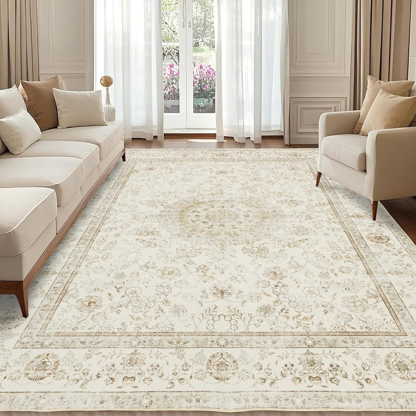 Farmhouse Washable Rug for Living Room: Boho 5x7 Area Rugs for Bedroom Soft Non Slip - Thin Stain Resistant Carpet for Dining Room Indoor - Cream Beige