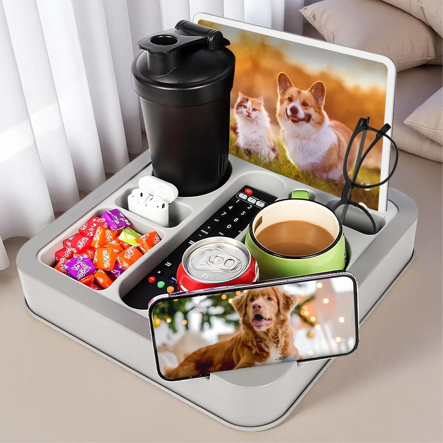 Couch Cup Holder Bed Caddy Couch Caddy Couch Tray Cup Holder for Couch,Couch Caddy with Cup Holder for Remote Phone Tablet Beverage Snack Gray.
