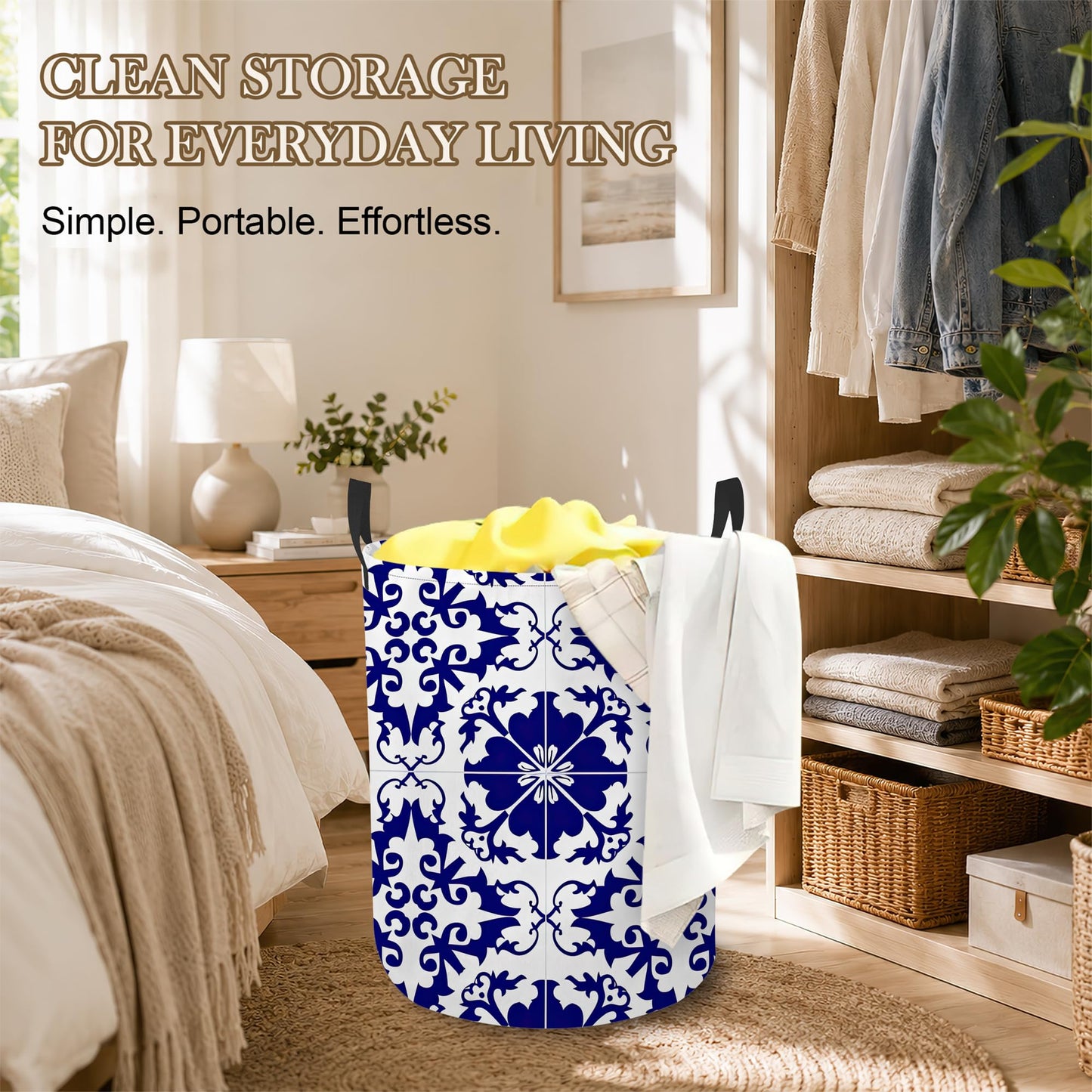 Boho Laundry Basket Oxford Cloth Blue White Tile Laundry Hamper With Handle Foldable Portable Clothes Storage Basket Storage Bag For Laundry Room/Bathroom/Bedroom/Dormitory 20.8"x16"
