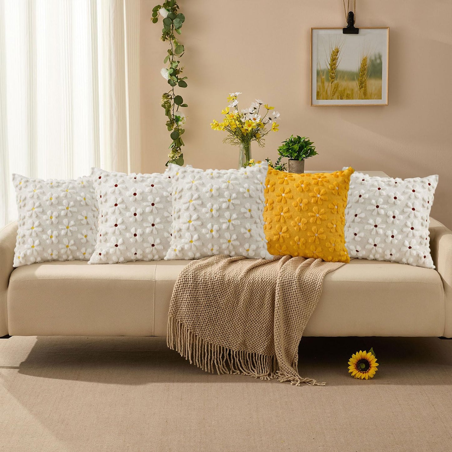 DFXSZ Spring Summer Pillow Covers 18x18 inch Set of 2 Farmhouse Decor Yellow Flower Heart Daisy Soft Plush Faux Fur Jacquard Throw Pillows for Bedroom Sofa Holiday Spring Summer Home Decor PTK024A18