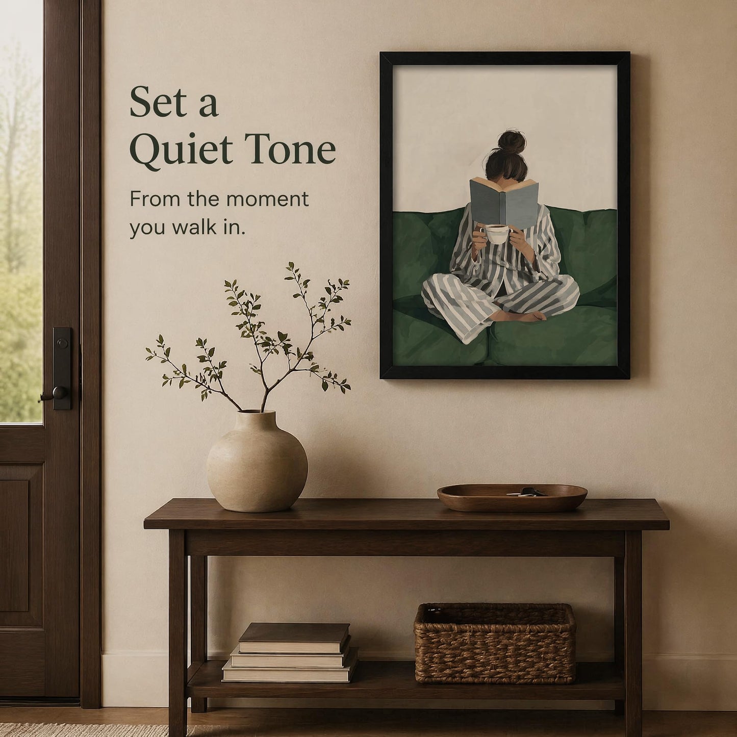 Framed Trendy Women Reading Book Wall Art Quiet Moment on The Sofa Art Prints Green Striped Painting Picture Modern Women's Minimalist Pictures Artwork for Living Room Bedroom Home office Wall Decor