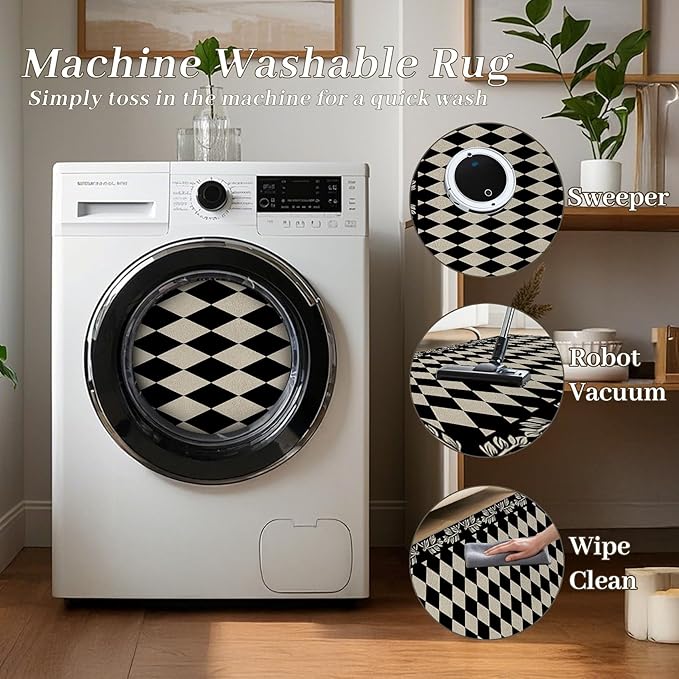 Modern Black White Checkered Pattern Runner Rug, 2.6x7ft, Abstract Neutral Farmhouse Decor Rugs for Living Room, Non-Shedding Low Pile Soft Foldable Carpet for Family Kitchen