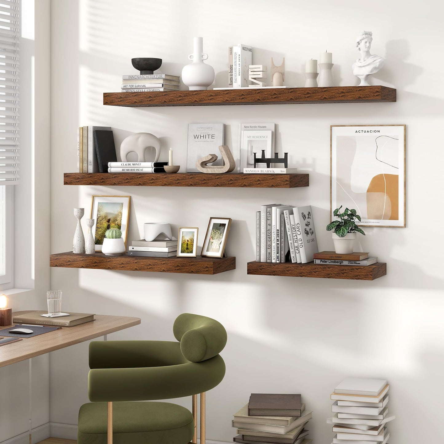 Heimlove Floating Shelves for Wall 55 Inch Long,Extra Large and Thick Wood Shelves Mounted Storage Hanging Shelf Invisible Bracket for Bedroom,Living Room,Kitchen,Office,Rustic Brown