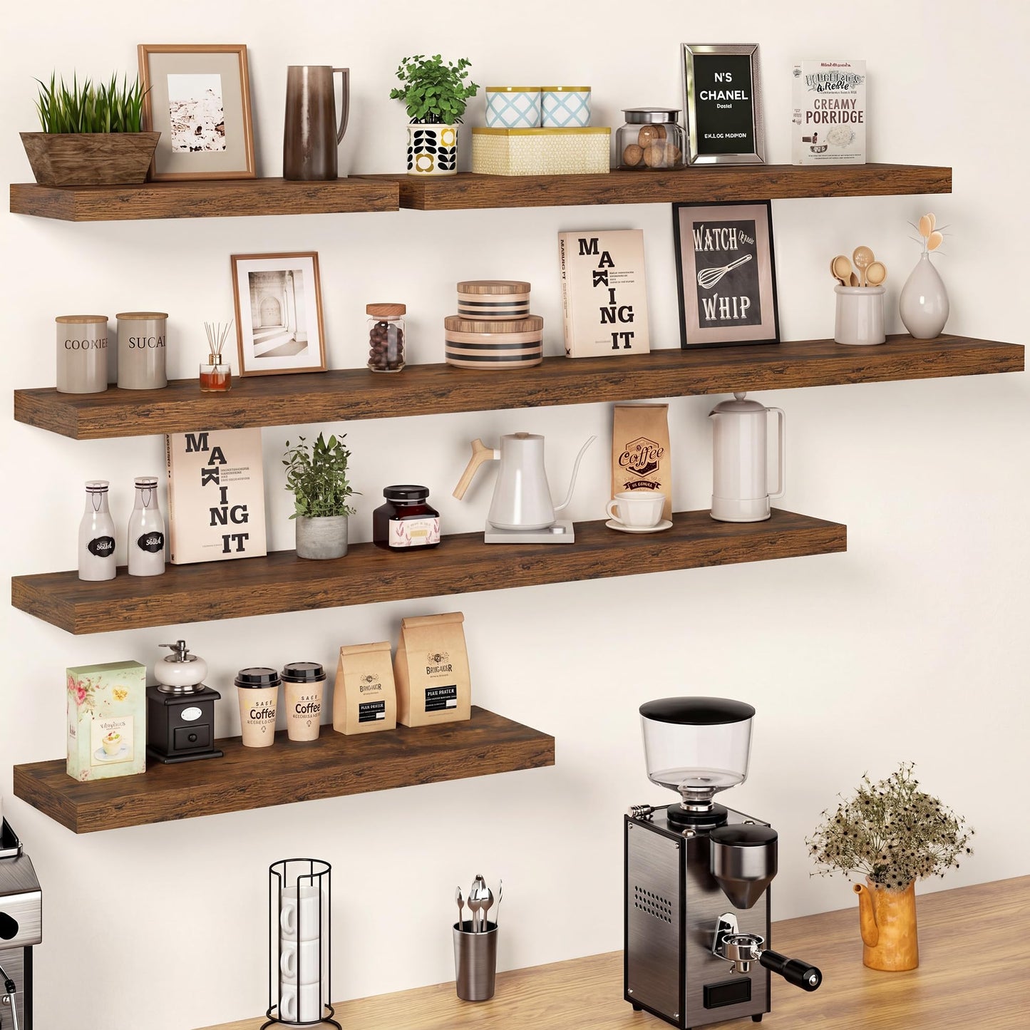 Feihorrm 55 Inch Floating Shelves, 12 Inch Deep Floating Shelves for Wall, Extra Deeper & Thicker Wooden Wall Shelf with Invisible Brackets, Shelf for Bedroom Home Decor(Rustic Brown, Set of 2)