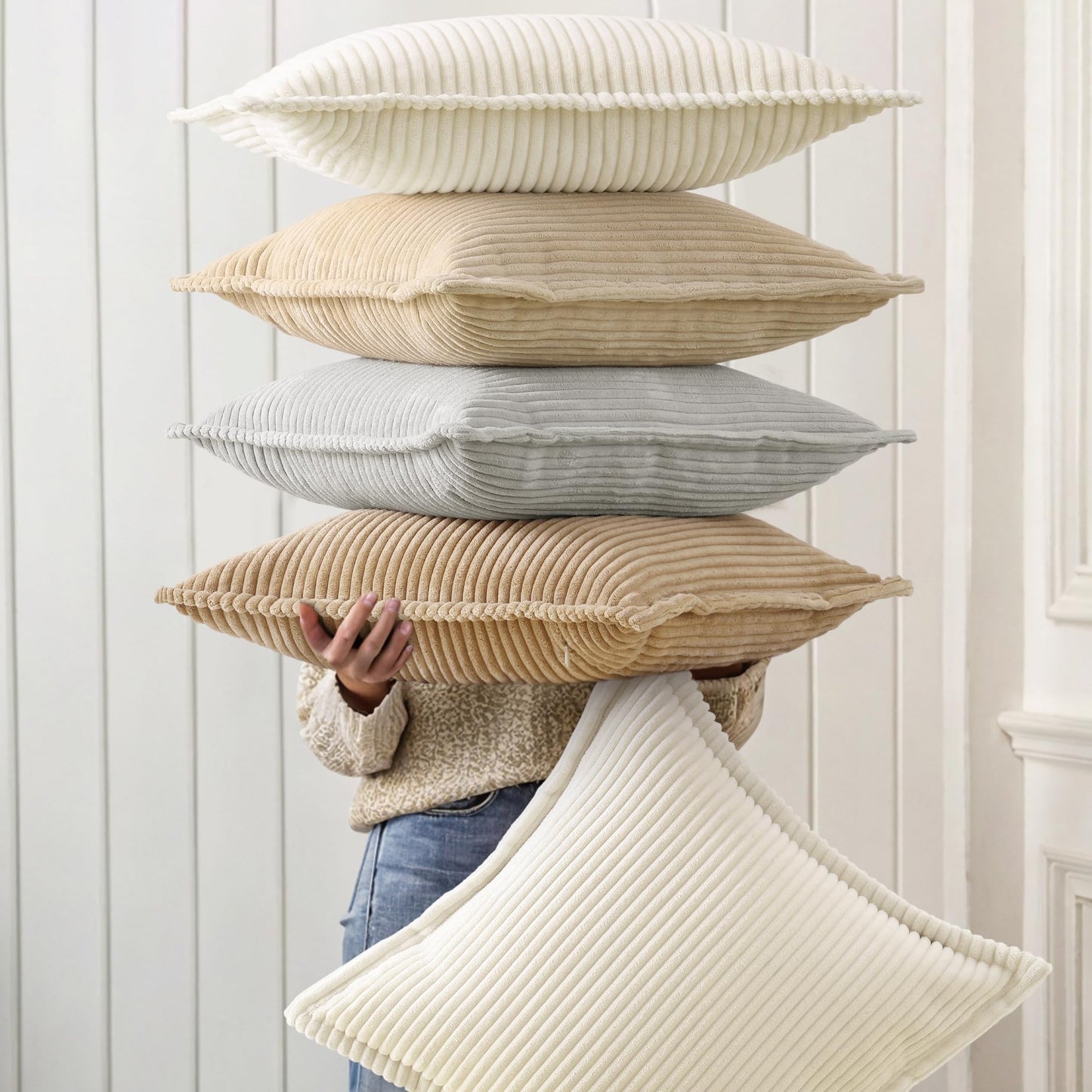 decorUhome Summer Corduroy Cream White Euro Sham Throw Pillow Covers 22x22 Set of 2 Decorative Soft Boho Farmhouse Couch Pillow Covers for Living Room Bed Sofa Broadside Striped Pillow Cases