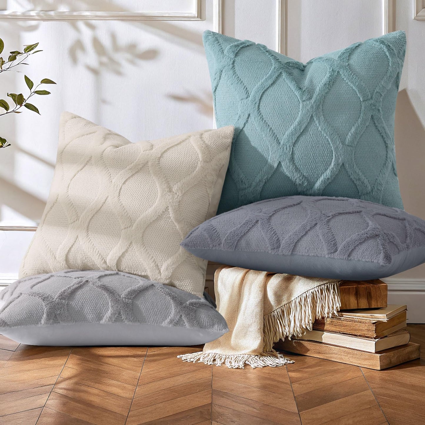 decorUhome Summer Throw Pillow Covers 18x18 Inch Set of 2, Soft Plush Faux Fur Wool Aqua Accent Couch Pillow Covers for Modern Farmhouse Bed Sofa Living Room