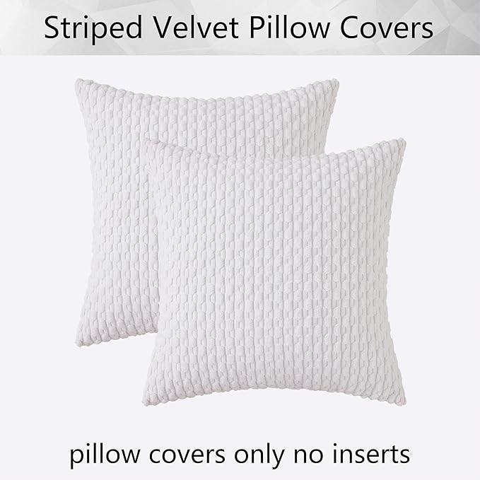 Kevin Textile Decorative Pillow Covers Soft Striped Velvet Throw Pillow Covers Set of 2 Cushion Cover for Chair 18 x 18 Inch Pure White