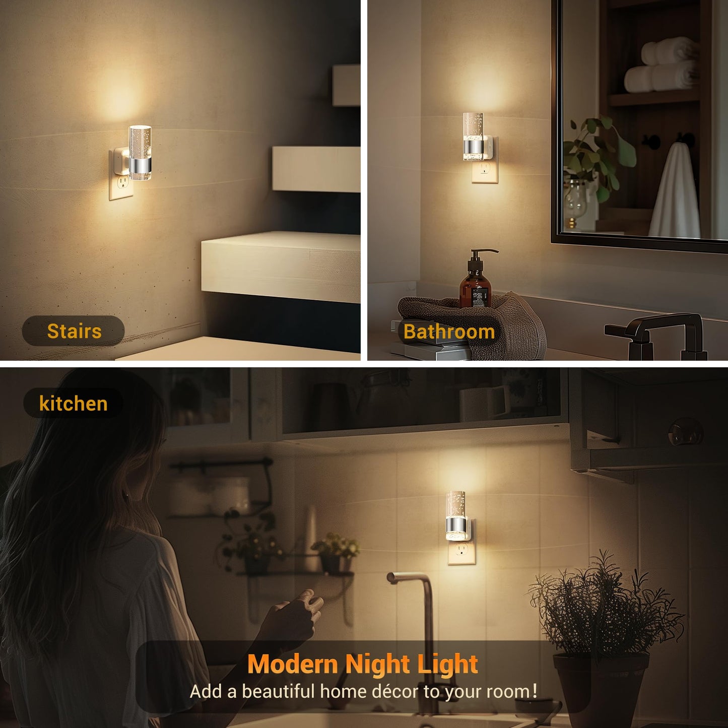 JandCase Night Light, Night Lights Plug into Wall,2 Pack 3000K Warm White LED Nightlight with Adjustable Brightness, Automatic Night Light Plug in with Light Sensor for Bathroom Hallway Room Decor